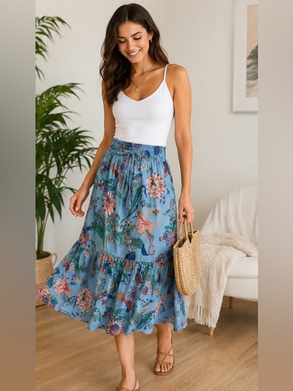 NWT T Tahari Floral Midi Skirt – Size S | Elastic Waist | Adjustable 💙🌸